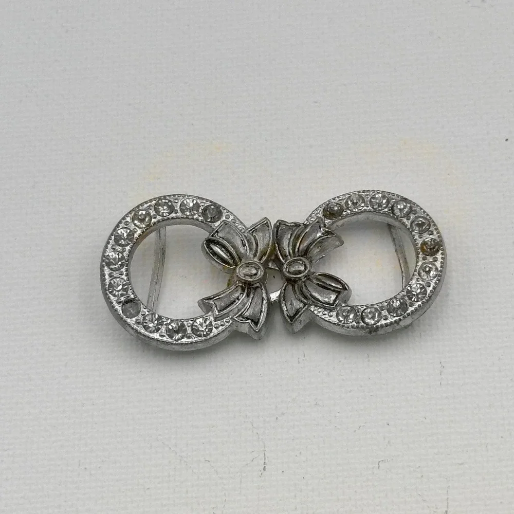Antique Victorian Belt Buckle 2 Piece Interlocking Silver‎ Tone Bow Rhinestones